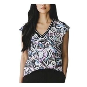 Worthington‎ Geometric White V-neck Blouse Cap Sleeve LARGE Colorful Abstract
